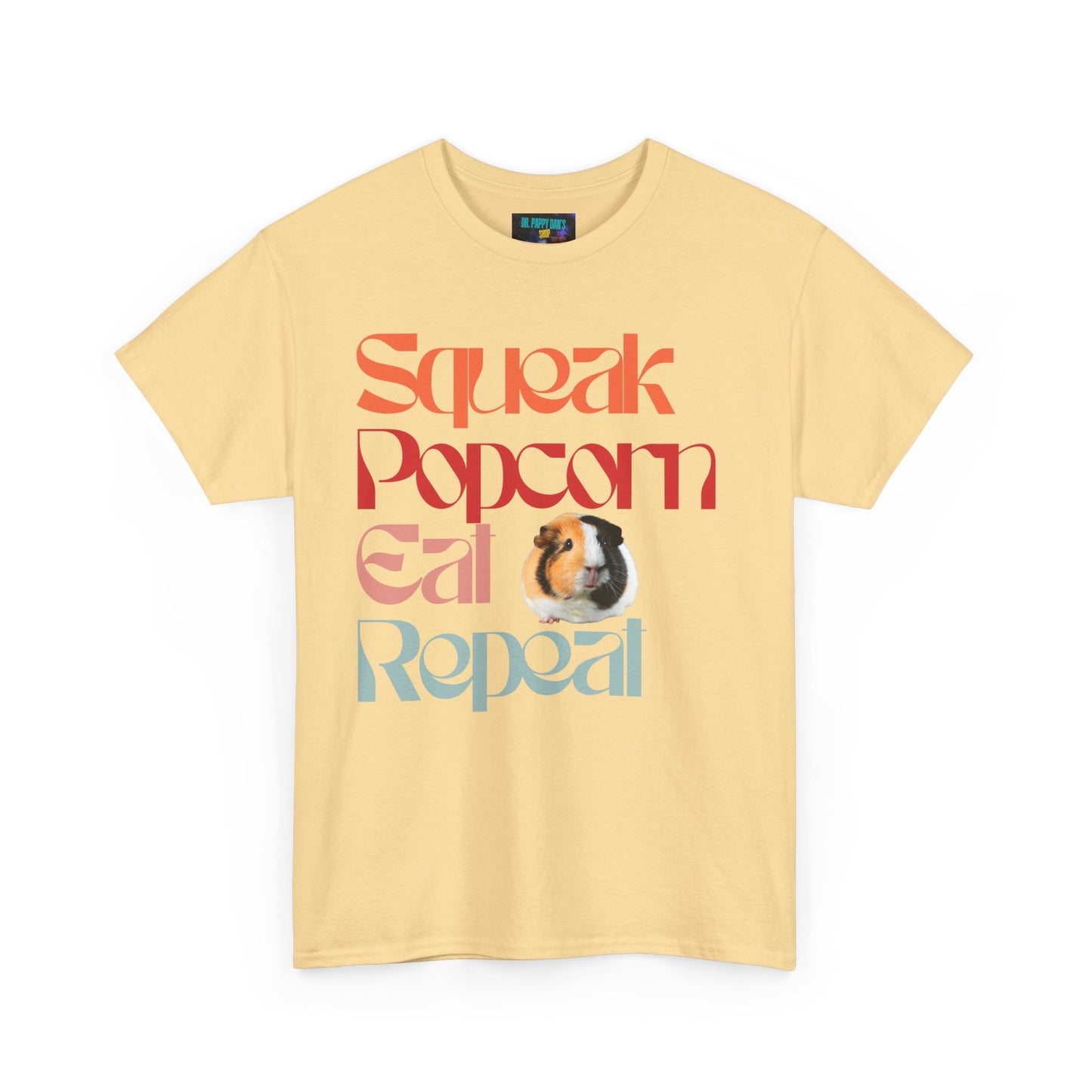 Squeak Popcorn Eat Repeat Tee, Funny Guinea Pig Shirt, Animal Lover Gift, Casual Unisex Top, Pet-Themed Apparel, Gift for Pet Owners