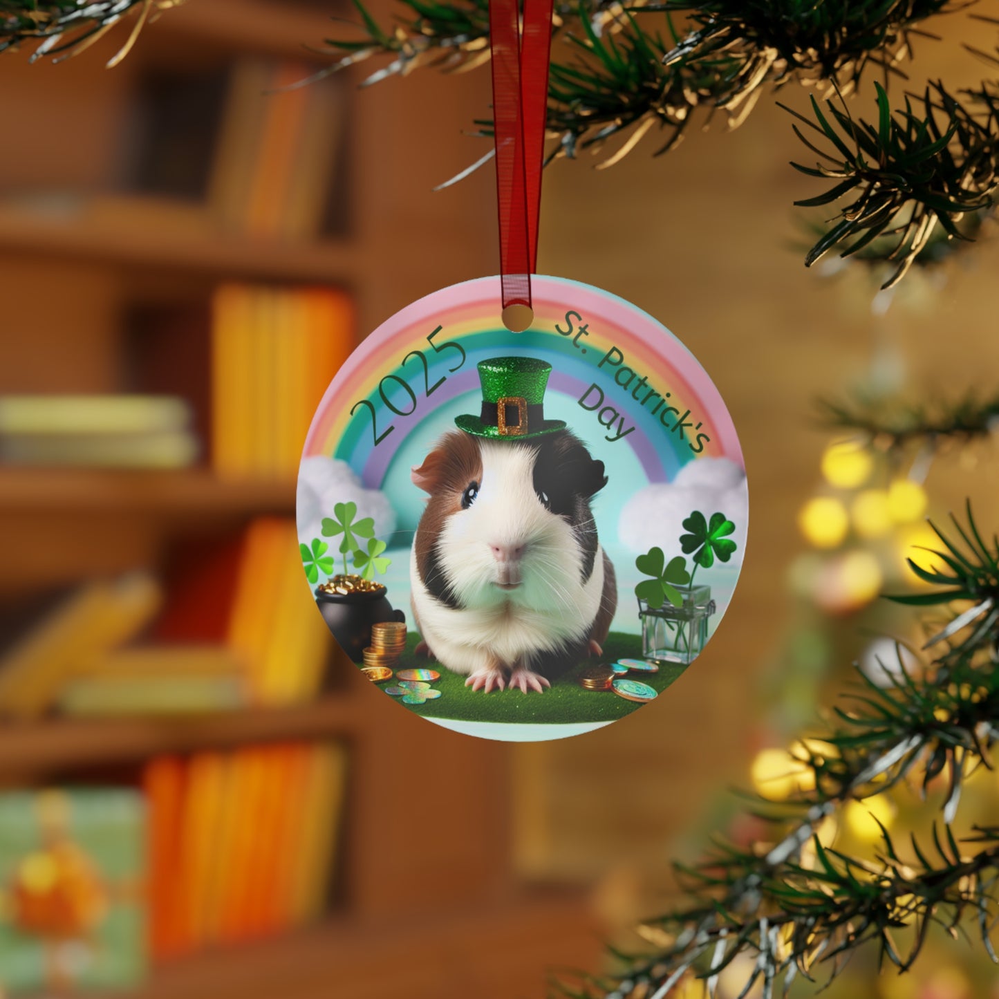 Metal Ornaments, St. Patrick's Day 2025 with a Jolly Guinea Pig, Shamrock Decor,